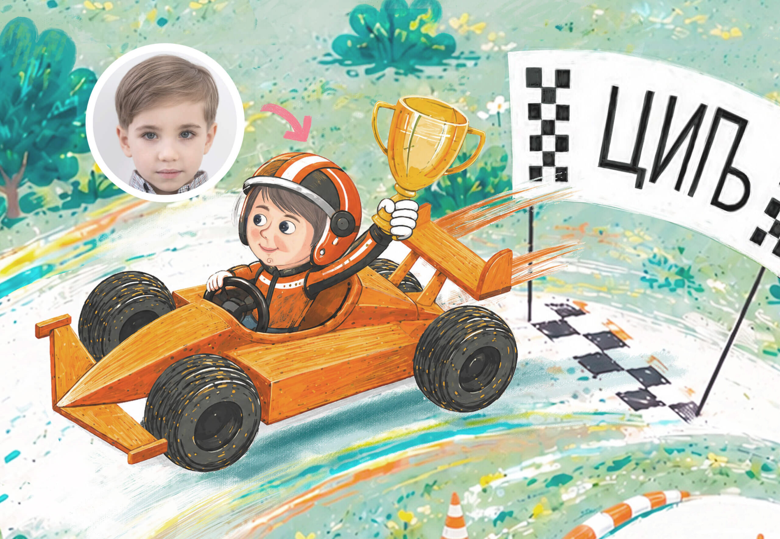 Personalizacija tapete Formula – fotografija deteta pretvorena u ilustraciju malog vozača
